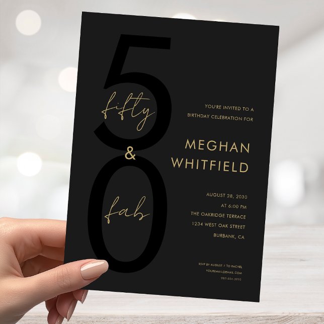 Gold Black Fifty and Fabulous Script 50th Birthday Invitation (Creator Uploaded)