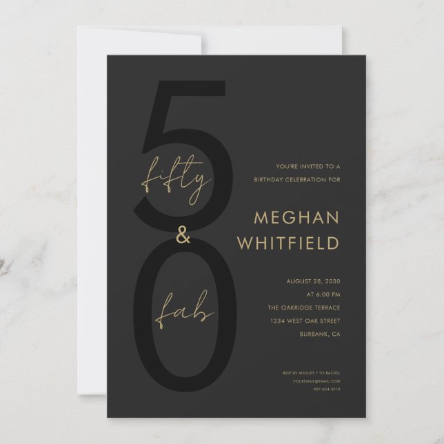 Gold Black Fifty and Fabulous Script 50th Birthday Invitation (Front)