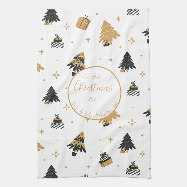 Gold Black First Christmas Tree Pattern Custom Tea Towel (Vertical)