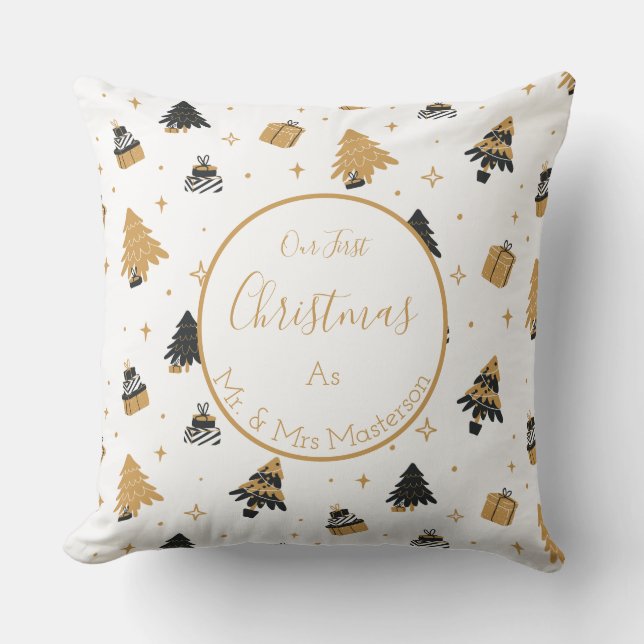 Gold Black First Christmas Tree Pattern Mr and Mrs Cushion (Front)