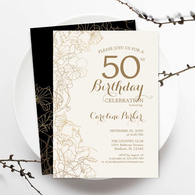 Gold Black Floral 50th Birthday Party Invitation (Creator Uploaded)