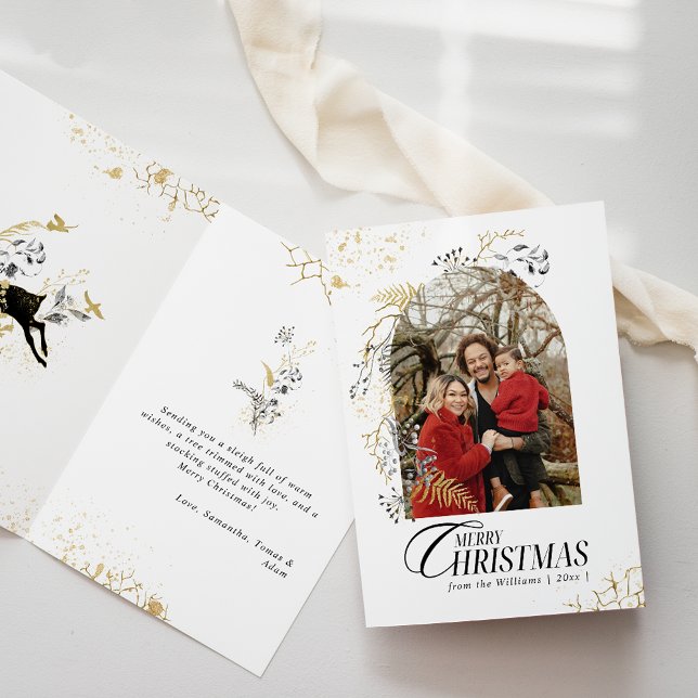 Gold & Black Floral Boho Arch Photo Christmas Card (Creator Uploaded)