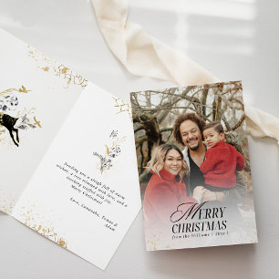 Gold & Black Floral Boho Arch Photo Christmas Card