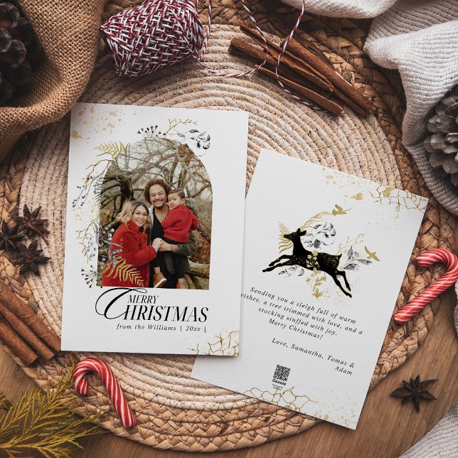 Gold & Black Floral Boho Arch Photo Christmas Holiday Card (Creator Uploaded)