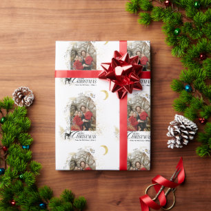 Gold & Black Floral Boho Arch Photo Christmas Wrapping Paper