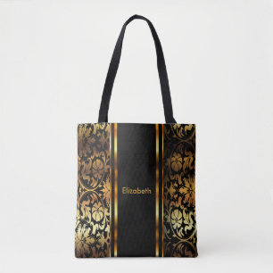 Gold & Black Floral Damask Design Tote Bag