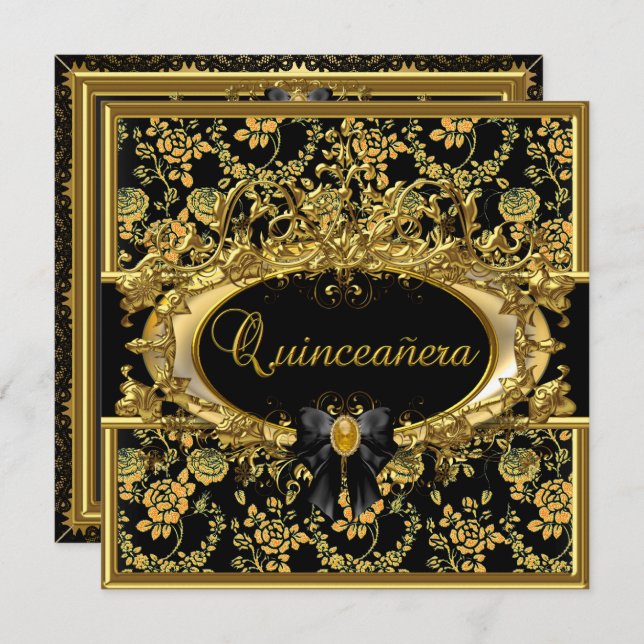 Gold & Black Floral Damask Quinceanera Invite (Front/Back)