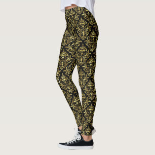 Gold & Black Floral Damasks Geometric Pattern Leggings