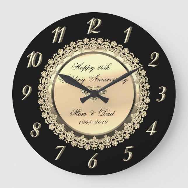 Gold,Black  Floral Diamond25th Wedding Anniversary Large Clock (Front)