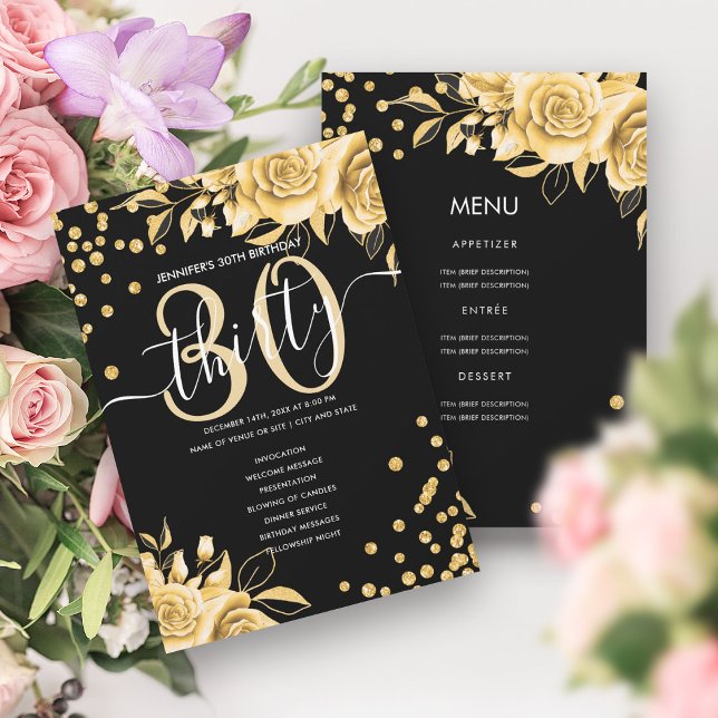 Gold Black Floral Glitter 30 Birthday Menu Program Invitation (Gold Black Floral Glitter 30 Birthday Menu Program)