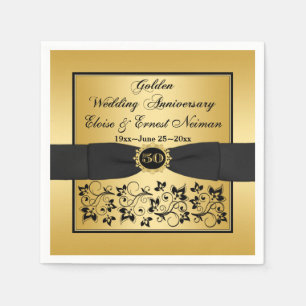 Gold, Black Floral Golden Anniversary Napkins 2