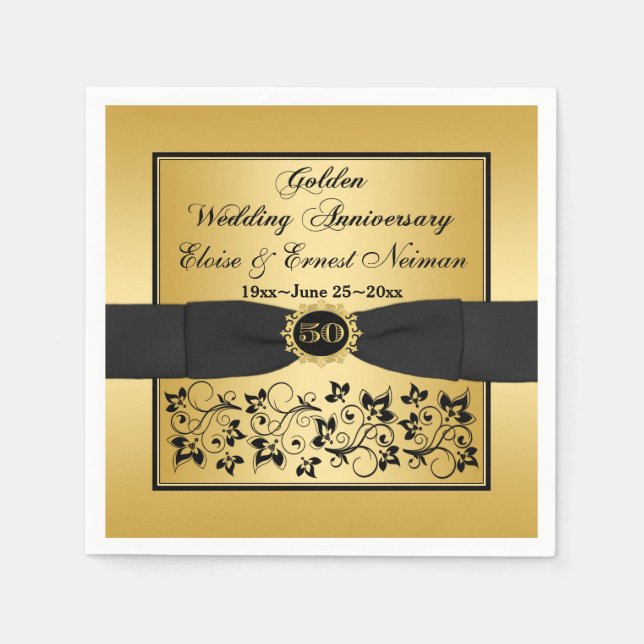 Gold, Black Floral Golden Anniversary Napkins 2 (Front)