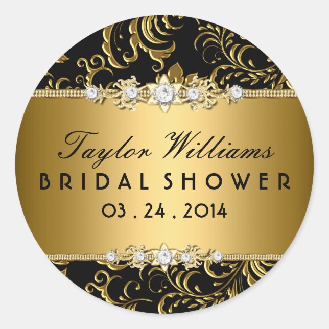 Gold & Black Floral Jewel Bridal Shower Sticker (Front)
