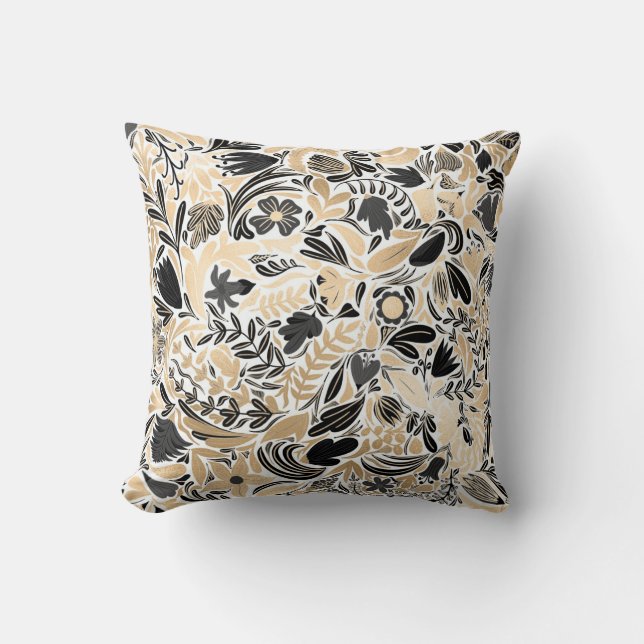 Gold Black Floral Leaves Illustration Pattern Cushion (Front)