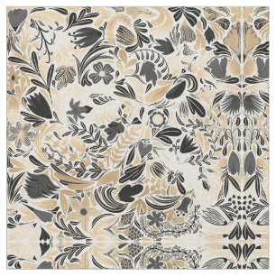 Gold Black Floral Leaves Illustration Pattern Fabric