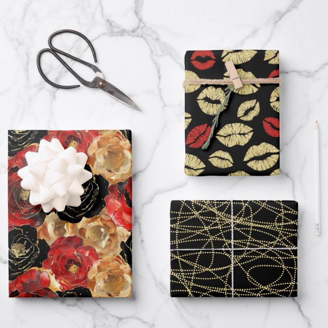 Gold Black Floral Lips Party Bridal Shower  Wrapping Paper Sheet (Front)