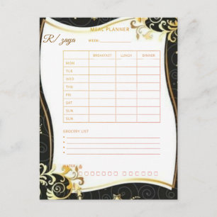 Gold Black floral meal planner Watercolor & White Postcard