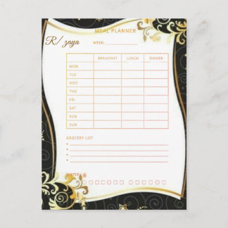 Gold Black floral meal planner Watercolor & White Postcard