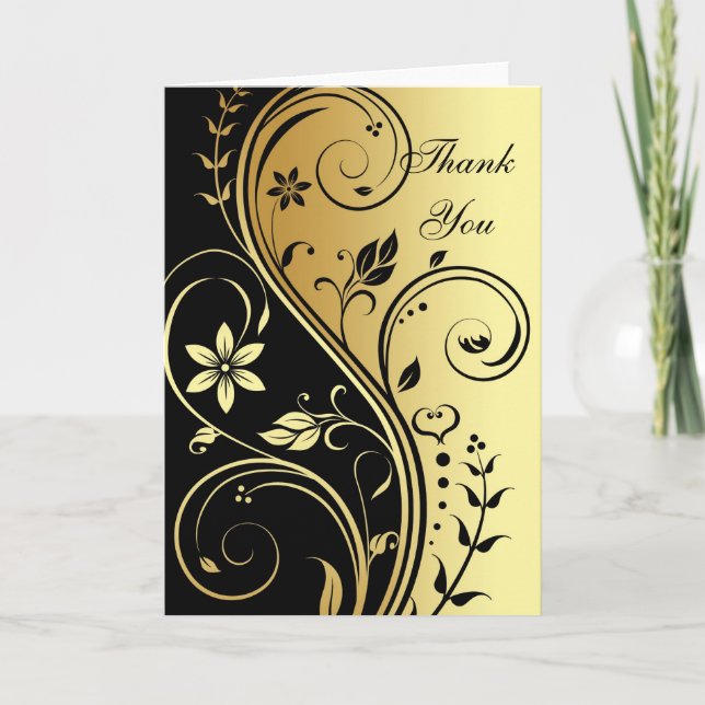 Gold & Black Floral Scroll Elegant Thank You Card (Front)