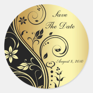 Gold & Black Floral Scroll Save The Date Sticker