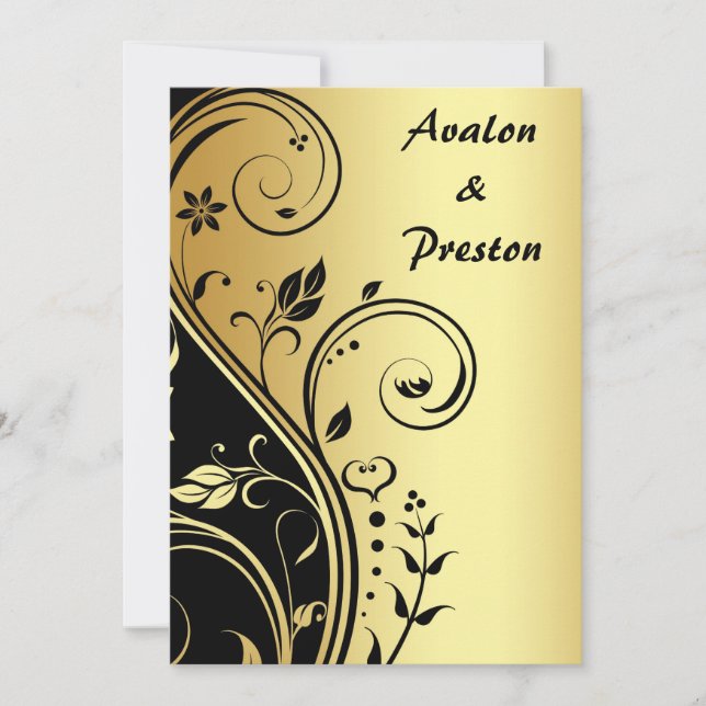 Gold & Black Floral Scroll  Wedding Invitation (Front)