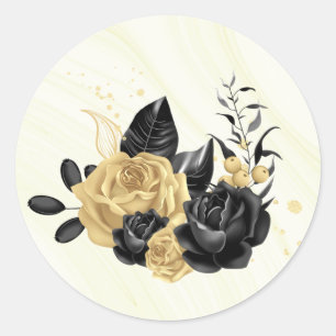 gold & black floral thank you wedding classic round sticker