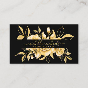 Gold Black Floral Watercolor Event Planner Business Card
