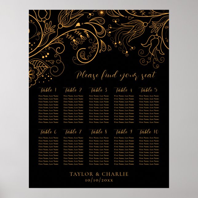 Gold Black Floral Wedding 10 Tables Seating Chart (Front)