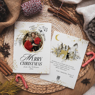 Gold & Black Floral Wreath Photo Christmas Holiday Card