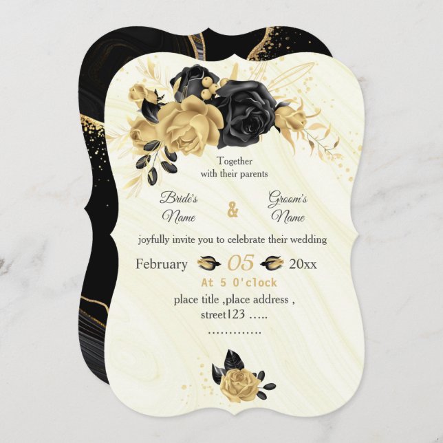 gold & black flowers botanical wedding invitation (Front/Back)