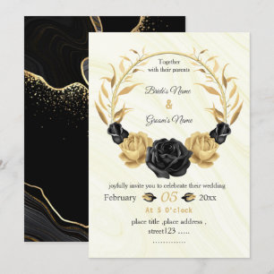 gold & black flowers botanical wreath wedding invitation
