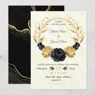 gold & black flowers botanical wreath wedding invitation