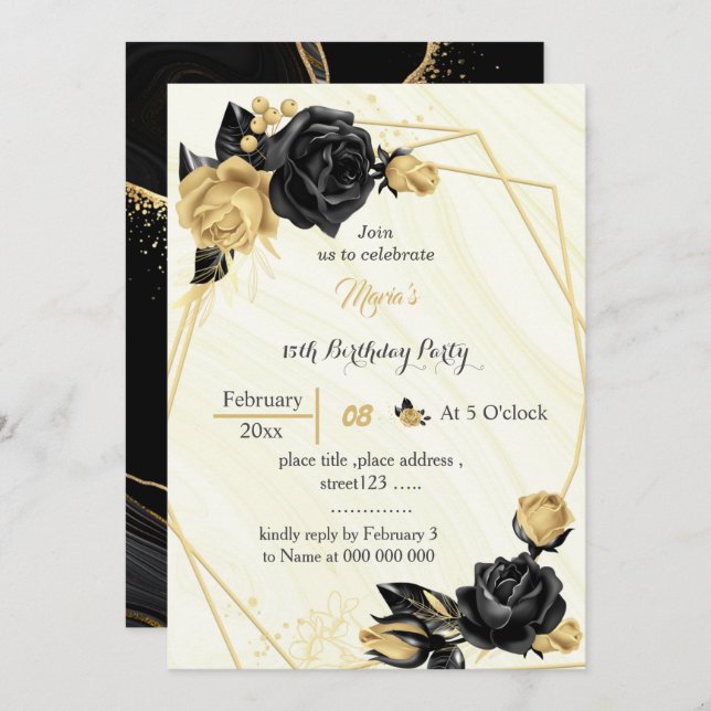 gold & black flowers geometric birthday invitation (Front/Back)