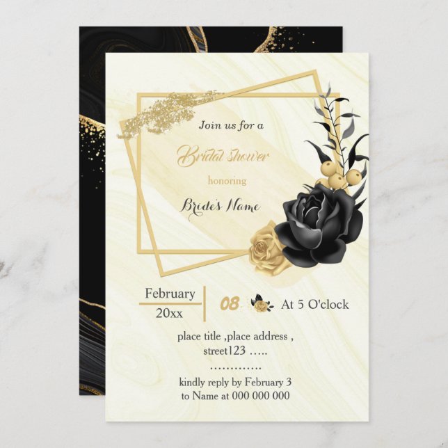 gold & black flowers geometric bridal shower invitation (Front/Back)