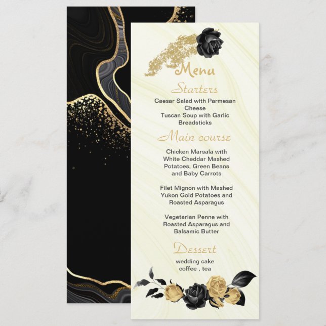 gold & black flowers wedding menu (Front/Back)