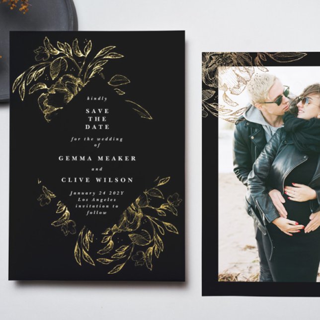 Gold Black Foil Botanical Photo Save The Date (Creator Uploaded)