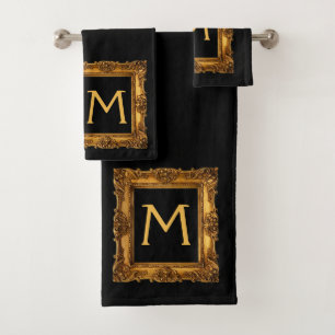 Gold Black Framed Monogram Bath Towel Set