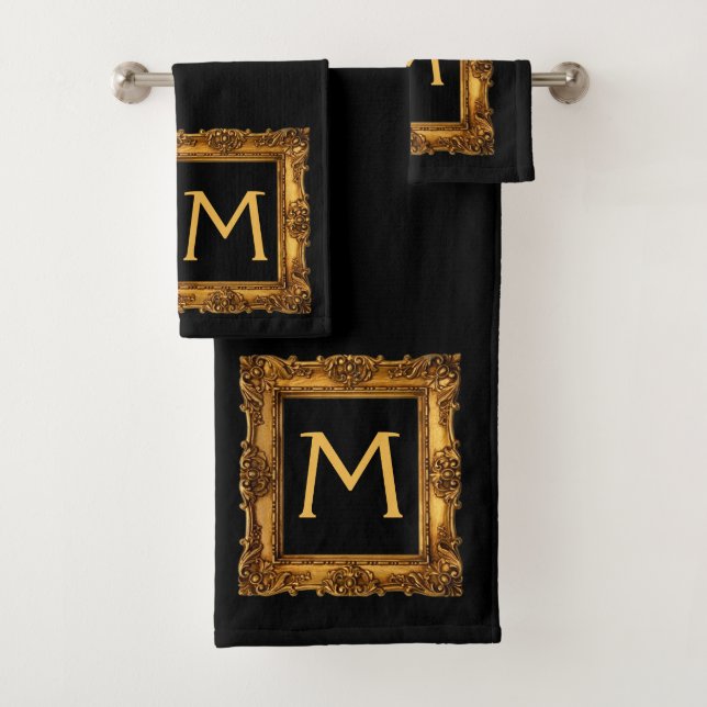 Gold Black Framed Monogram Bath Towel Set (Insitu)