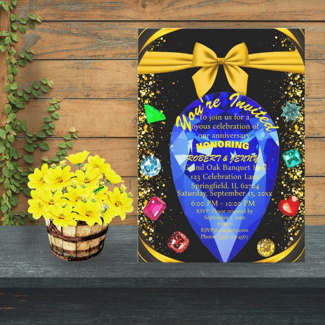 Gold & Black Gemstones Diamond Wedding Anniversary Invitation (Creator Uploaded)