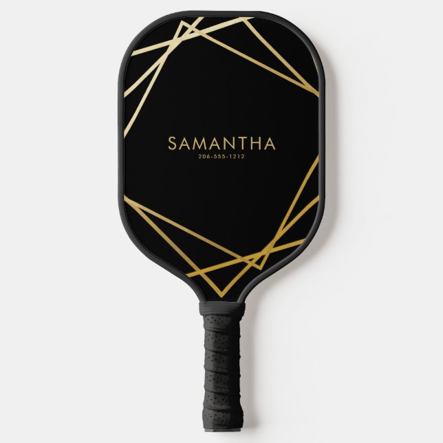 Gold Black Geometric Personalised Name Pickleball Paddle (Front)