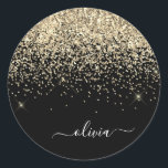 Gold Black Girly Glitter Sparkle Monogram Name Classic Round Sticker<br><div class="desc">Gold Sparkle Glitter Brushed Metal Monogram Name and Initial Party Sticker Address Labels. This makes the perfect sweet 16 birthday,  wedding,  bridal shower,  anniversary,  baby shower or bachelorette party gift for someone that loves glam luxury and chic styles.</div>