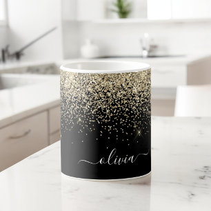 Gold Black Girly Glitter Sparkle Monogram Name Coffee Mug
