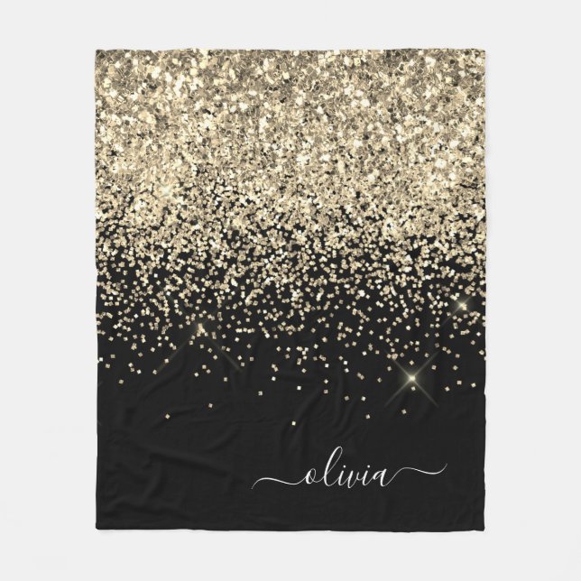 Gold Black Girly Glitter Sparkle Monogram Name Fleece Blanket (Front)