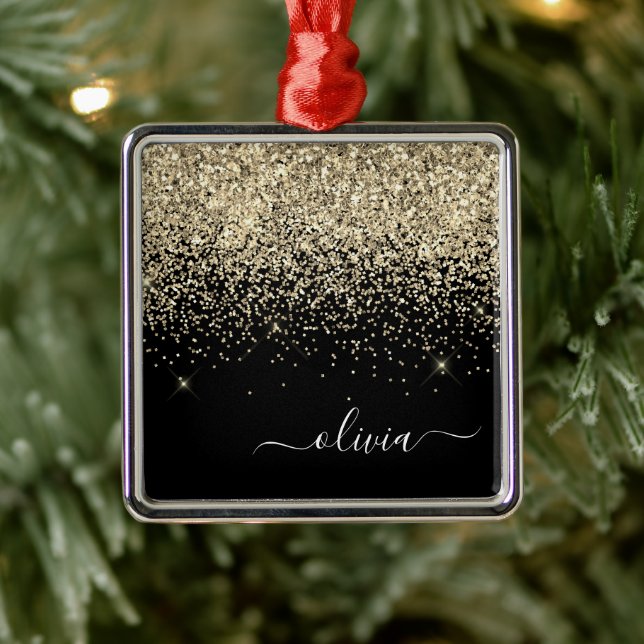 Gold Black Girly Glitter Sparkle Monogram Name Metal Tree Decoration (Tree)