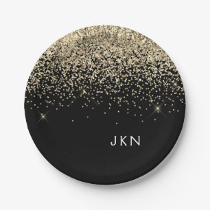 Gold Black Girly Glitter Sparkle Monogram Name Paper Plate