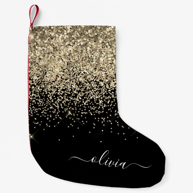 Gold Black Girly Glitter Sparkle Monogram Name Small Christmas Stocking (Front)