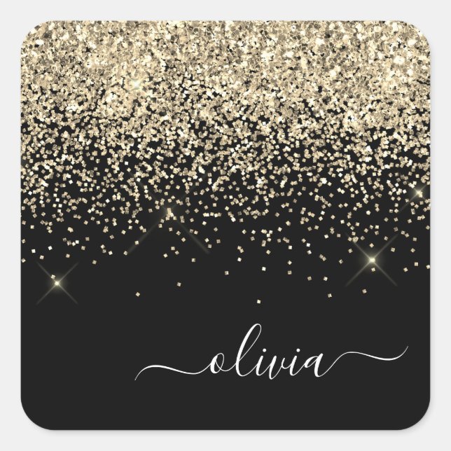 Gold Black Girly Glitter Sparkle Monogram Name Square Sticker (Front)