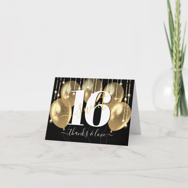 Gold Black Girly Luxury Sweet 16 Birthday Balloons Thank You Card (Front)