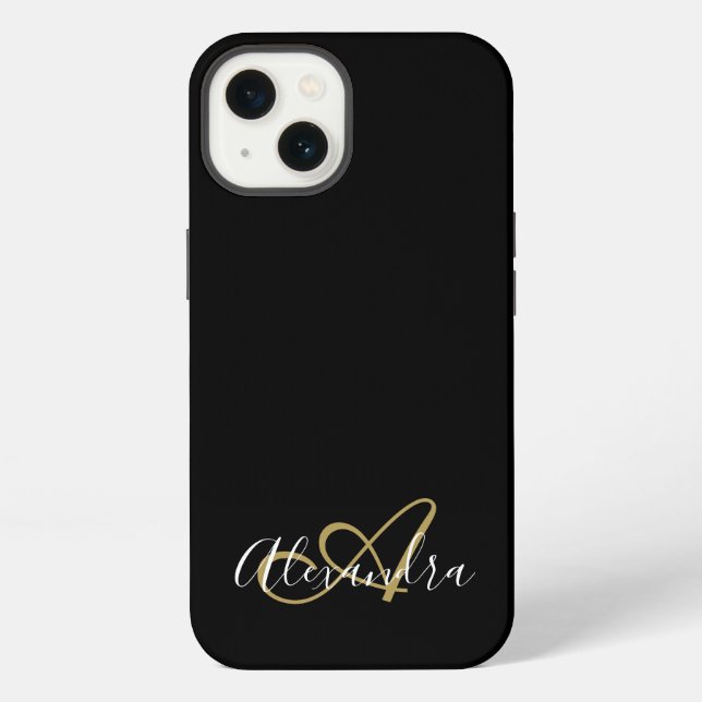 Gold Black Girly Script Name Monogram iPhone Case (Back)