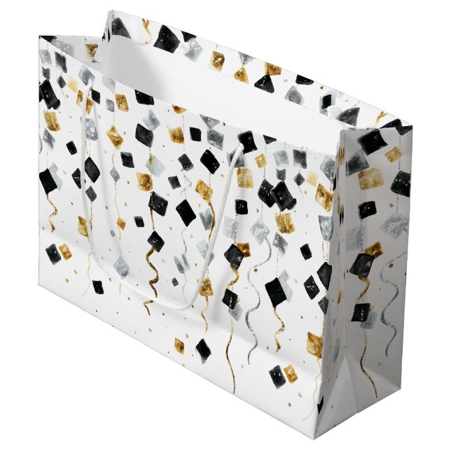 Gold Black Glam Confetti Christmas Large Gift Bag (Front Angled)